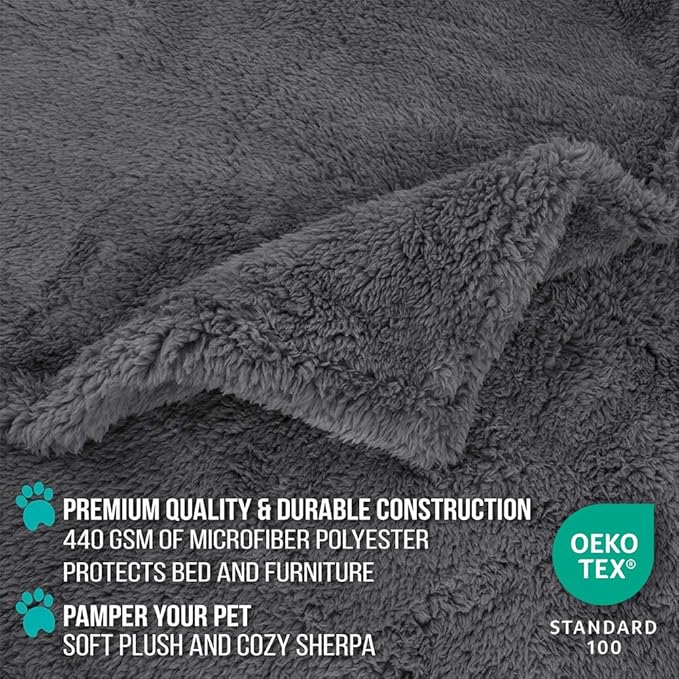 PetAmi Fluffy Waterproof Dog Blanket for Bed Large Dogs, Soft Warm Pet Sherpa Throw Pee Proof Couch Cover, Reversible Cat Blanket Sofa Crate Kennel Protector, Washable Mat Queen (Grey, 90x90)