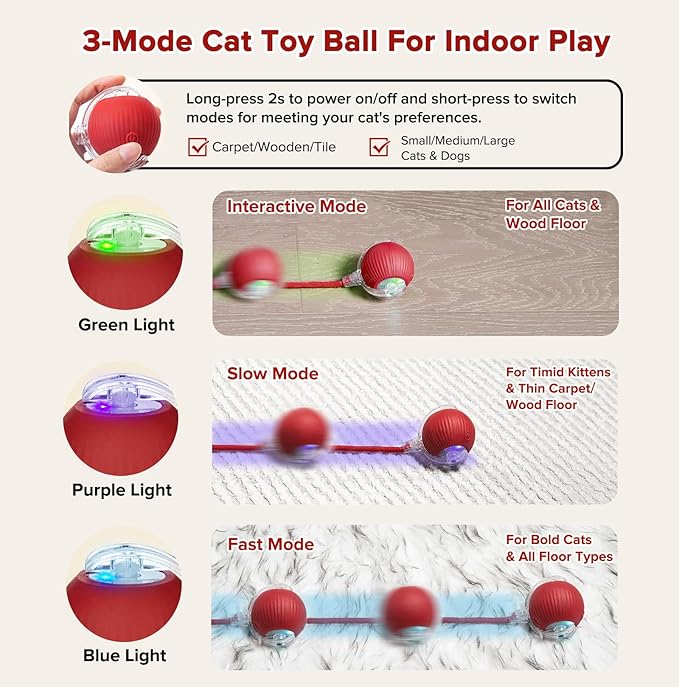 Interactive Cat Toys for Indoor Cats, Motion Activated Cat Ball with 3 Speeds, 2 Replaceable Tails, Safe Material Kitten Toys, USB Charging, 360° Smart Rolling Ball for Bored Adult Cats and Dogs