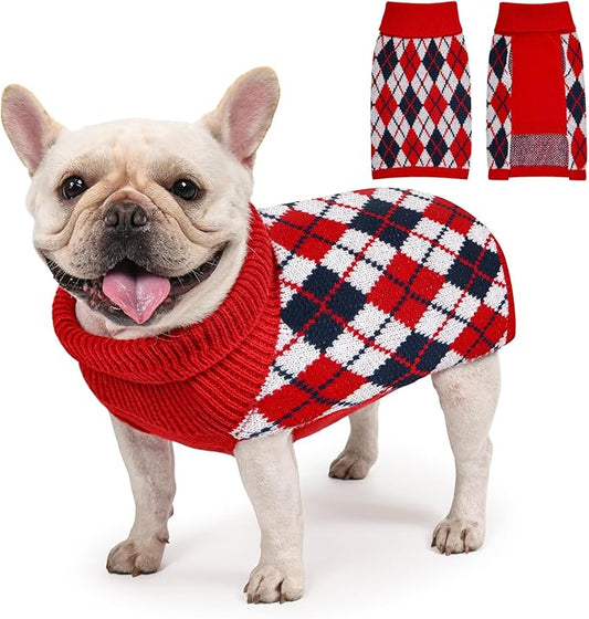 Dog Sweater for Medium Dogs Plaid Checkered Knit Turtleneck Pullover Winter Clothes Boys Girls Stretch French Bulldog Dachshund Corgi Beagle Pug Christmas Pet L