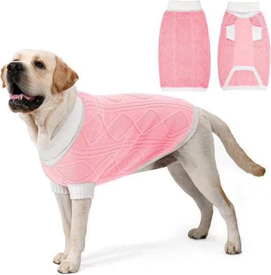 Dog Sweater for Large Dogs Argyle Cable Knit Turtleneck Pullover Winter Clothes Boys Girls Stretch Golden Retriever Labrador Bulldog Pitbull Doberman Pet (XXL, Pink)