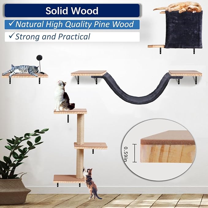 Cat Shelves for Wall, Solid Wood Cat Wall Furniture, with Cat's House, Bed, Hammock, Sisal Scratching Post Ladder (Dark Color)