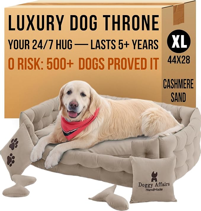 Luxury Dog Bed Chesterfield – Handcrafted Velvet Throne for Dogs | Joint Support, Calming & Temp-Regulating Comfort | Durable 5+ Years, Anti-Claw, Washable 100+ Times – XL, Ivory