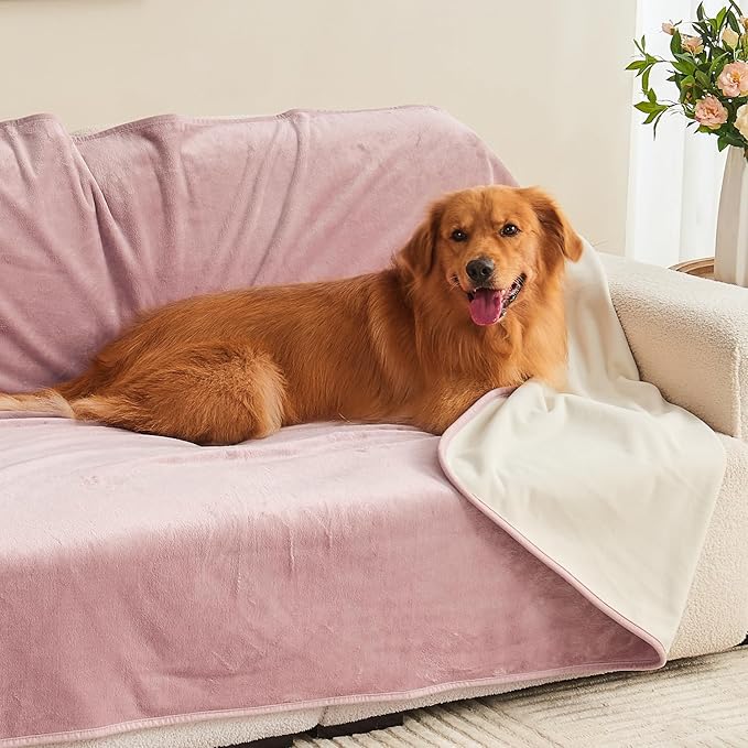 Waterproof Blanket 80"x90" for Adults, Reversible Waterproof Bed Cover for Dogs Cats Pets, Soft Leakproof Blanket for Bed Couch Sofa Furniture Protector, Dusty Pink/Off White