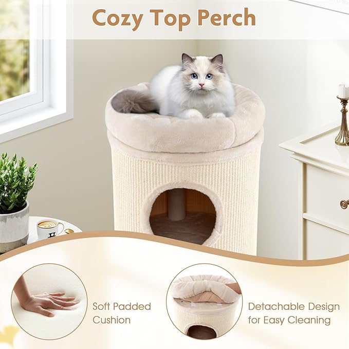 Tangkula 4 Story Cat Tree Condo, 49” Barrel-Shaped Cat House with Detachable Sisal Scratching Board, 3 Hideaways & Removable Soft Top Plush Bed, Interior Bamboo Mat, Modern Cat Tower for Indoor Cats