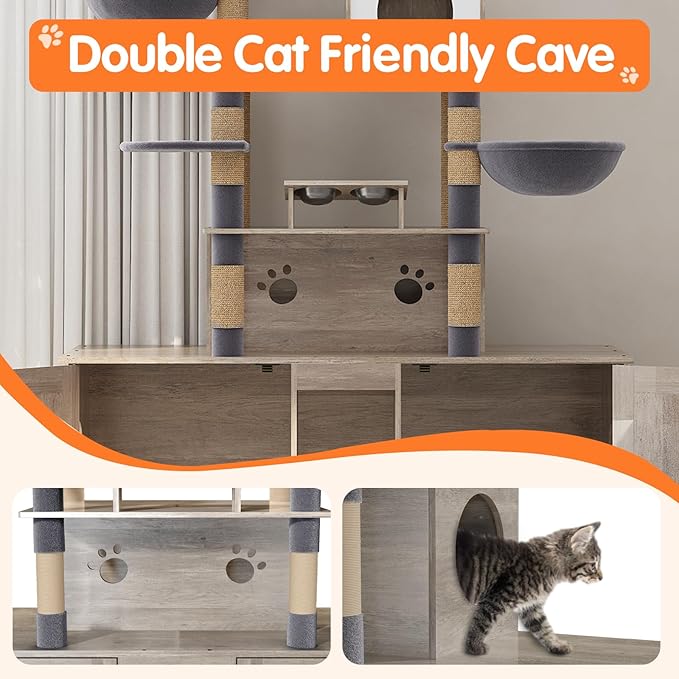 Cat Tree with 2 Litter Box Enclosures, All-in-One Cat Tower, Cat Condo with Sisal Scratching Posts, Hammocks, Detachable Plush Ball, Wooden Cat Furniture with Large Platforms, Grey