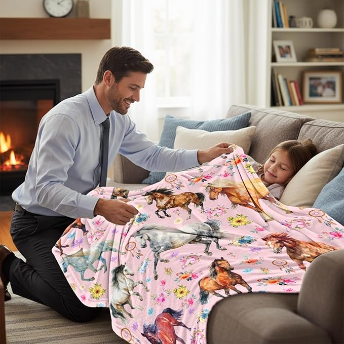 Horse Blanket for Girls Women, Soft Flannel Fleece Throw Gifts, Lightweight Cozy Pink Horse Decor Blanket 40"x50"