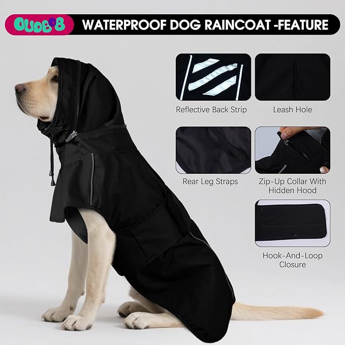 Dog Raincoat XXL, Waterproof Dog Raincoats for Large Dogs with Hood, Leash Hole, Reflect Strips, Ideal for Rain, Snow, Windy Weather & Outdoor Walks, Camping, Hiking - Black