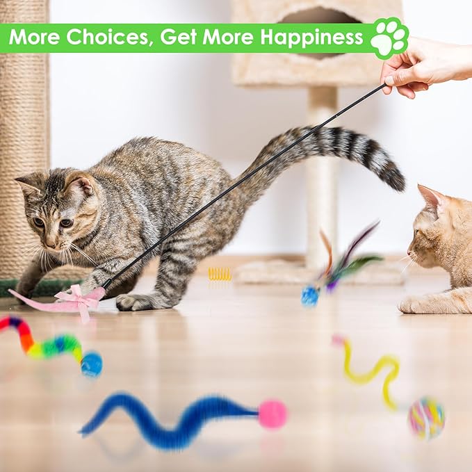 SHENGSEN Feather Wand Cat Toy,Bouncy Ball with Tail Cat Toys,Magic Worm with Large Colorful Ball Toy for Cats,Cat Feather Toys for Indoor Cats,Colorful Fuzzy Worm Bouncy Balls Cat Toy (ADM102-A-5B)