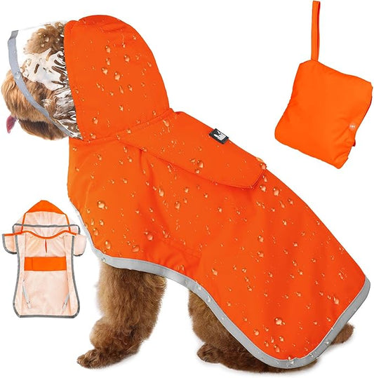 SlowTon Dog Raincoat, Adjustable Dog Rain Jacket Clear Hooded Double Layer, Waterproof Poncho with Reflective Strip Straps and Storage Pocket for Small Medium Large Dogs Puppies(OR XS)