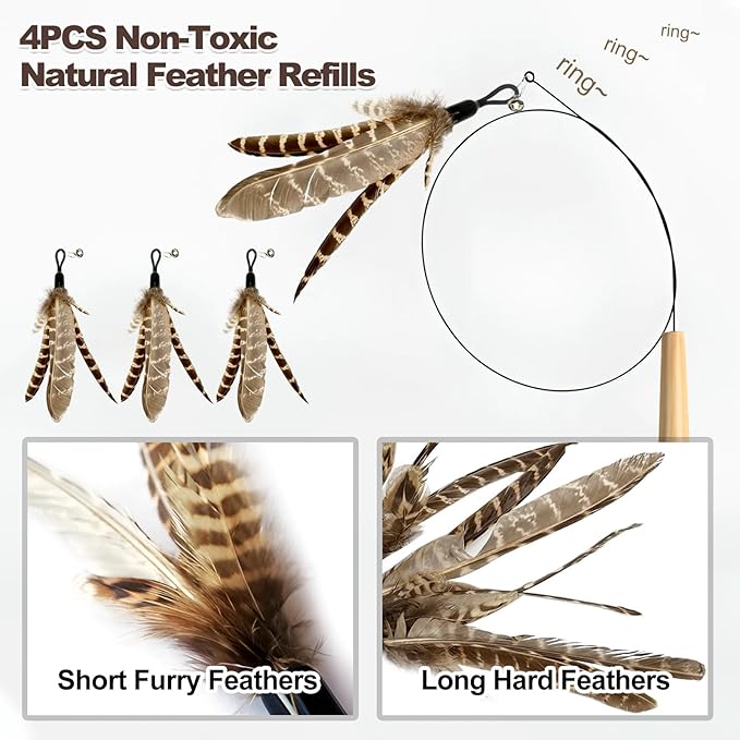 Kingtree Cat Teaser Toys, 8 Pack Feather Wand Cat Toys with 6Pcs Replacement Feathers Insects & 2Pcs Flexible Steel Wire Teaser Wands, Interactive Pet Feather Toys with Bells for Play Chase Exercise