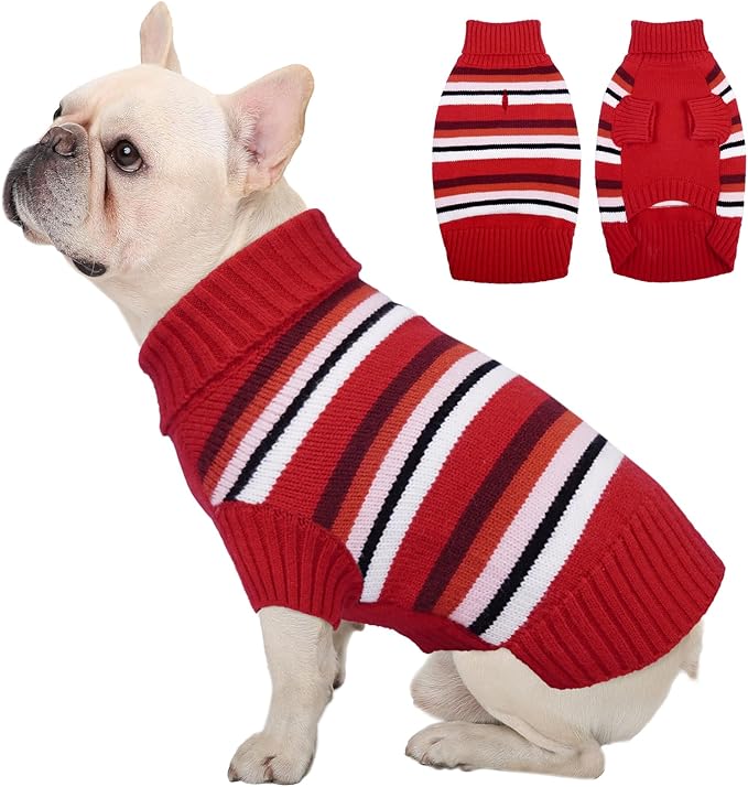 Kuoser Striped Dog Sweater | Medium Dog Cozy Turtleneck, Stripe Design, Warm Walks, Pup Likes, Owner Relies, Red M
