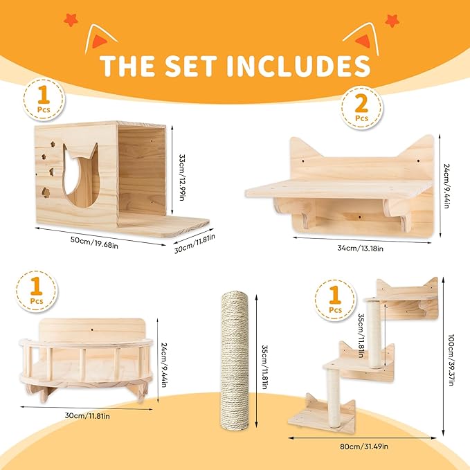 Cat Wall Shelves, Furniture Set, Shelves and Perches for Wall, Climbing Shelf Playground Scratching Post with 3 Steps Indoor Mounted Condos House