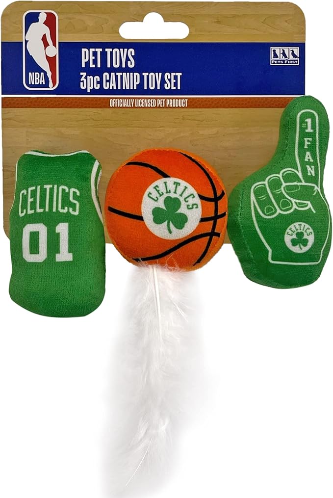 BEST PLUSH CAT TOY: NBA BOSTON CELTICS Complete Set of 3 piece Cat Toys filled with Fresh Catnip. Includes: 1 Jersey Cat Toy, 1 Basketball Cat Toy with Feathers & 1 #1 Fan Cat Toy. Beautiful Team LOGO