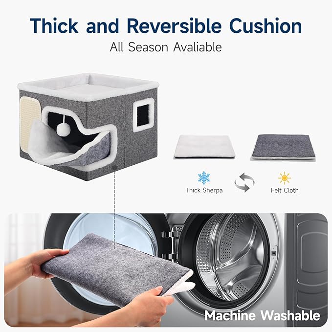 Cat Beds for Indoor Cats, Large Cat Cave with Cozy Hideout, Scratch Pad, Fluffy Ball Hanging, Foldable Cat Hideaway Hold Up to 30LBS, Indoor Cat House with Reversible Soft Cushions for All Seasons