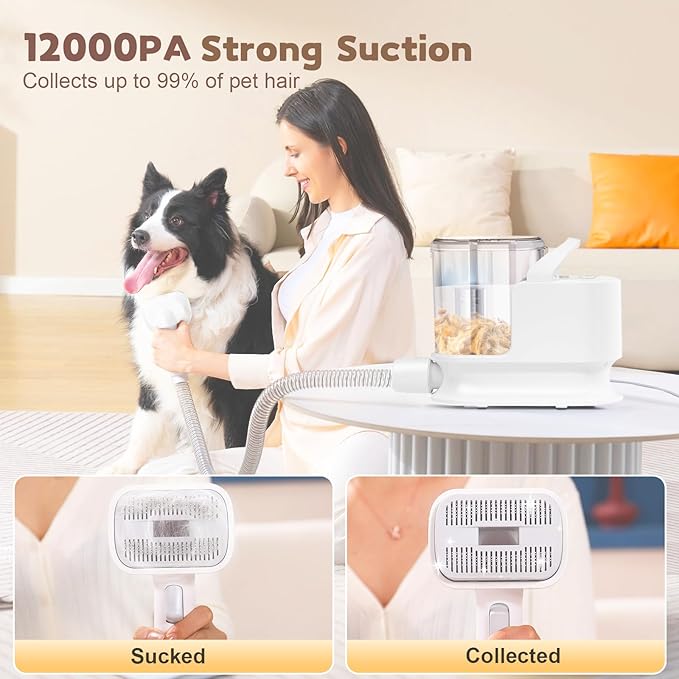 Dog Grooming Kit & Dog Grooming Vacuum, 12Kpa Suction Pet Vacuum Grooming Kit with Low Noise, 3 Suction Mode, 2L Capacity, 5 Pet Grooming Tools for Shedding Cat Hair, Home Cleaning