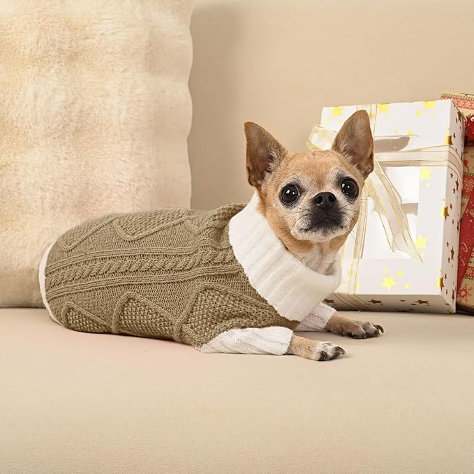 Dog Sweater for Small Dogs Argyle Cable Knit Turtleneck Pullover Winter Clothes Boys Girls Stretch Puppy Doggie Chihuahua Yorkie Pomeranian Toy Poodle Pet (S, Brown)