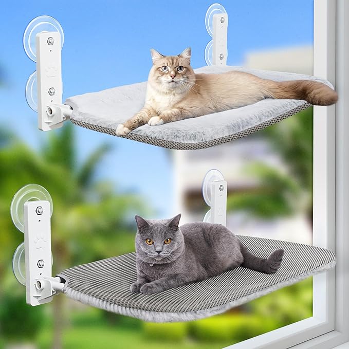 Sunhoo 2PCS Cat Window Hammock Perch Cordless Window Sill Seat Bed Foldable Kitty Lounger Indoor Cats Shelf Stable Upgraded Suction Cup Easy Assembly 20.5 * 11.8in Hold Up to 55lbs (Light Gray, M)
