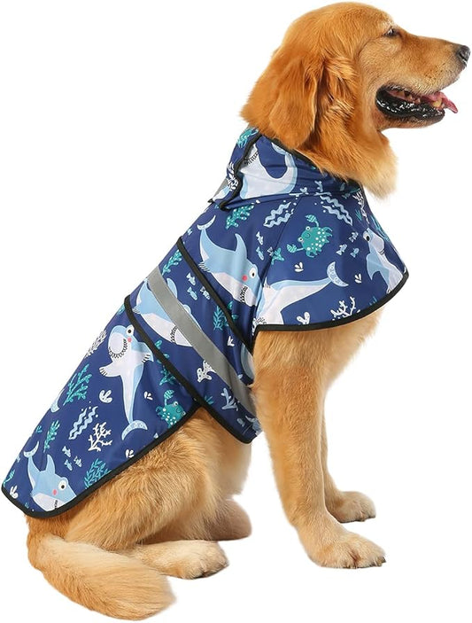 HDE Dog Raincoat Jacket Reflective Adjustable Hooded Pet Poncho Rain Coat with Leash Hole for Small to X-Large Dogs Sharks - XL