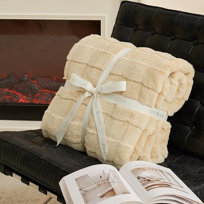 Cozy Bliss Fluffy Faux Fur Throw Blanket for Couch,Warm Cozy Soft Beige Throw Blankets for Sofa Bed Living Room,50x60 Inches