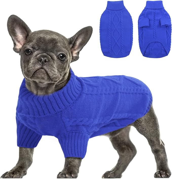 Queenmore Small Dog Pullover Sweater, Cold Weather Cable Knitwear, Classic Turtleneck Thick Warm Clothes for Chihuahua, Bulldog, Dachshund, Pug (Royal Blue, Medium)