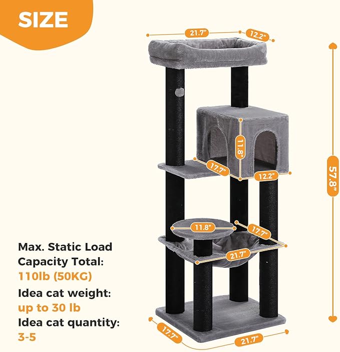 Large Cat Tree for Indoor Cats Large Adult, 57.8" Heavy Duty Cat Tower with 4 Reinforced Scratching Posts (φ3.7in) and Plush Larger Hammock for Maine Coon & Big Cats, Supports 30lbs, Black