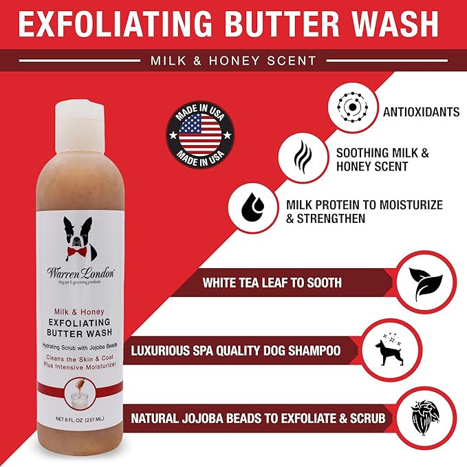 Warren London Exfoliating Butter Wash – Milk & Honey Dog Shampoo, 8 oz | Cleans, Exfoliates & Deep-Conditions in One | Jojoba Beads Remove Dandruff & Itch | Non-Oily Shine | Made in USA