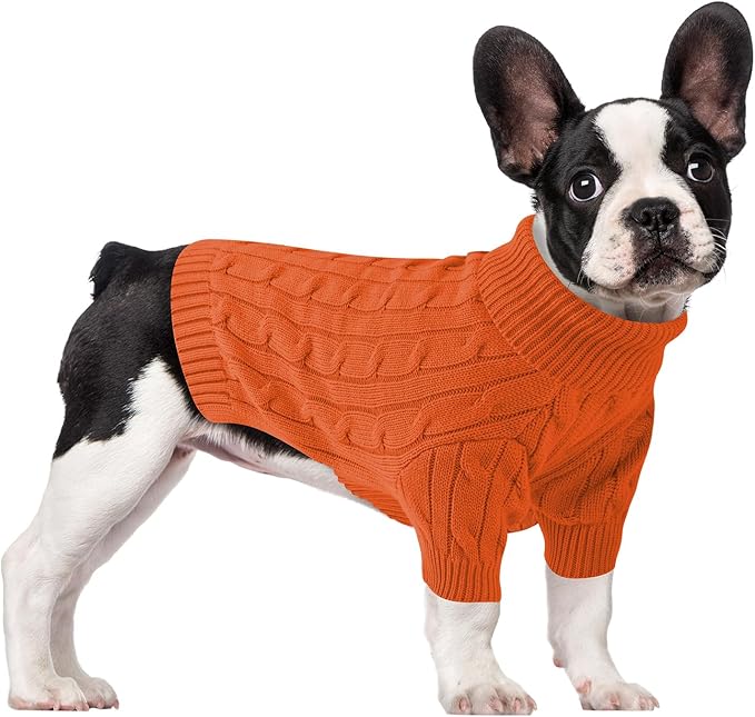 Small Dog Thermal Pullover Sweater, Classic Turtleneck Cable Knitwear Dog Clothes for Cold Weather Warm Pet Clothes for Chihuahua, Bulldog, Dachshund, Pug Orange Medium