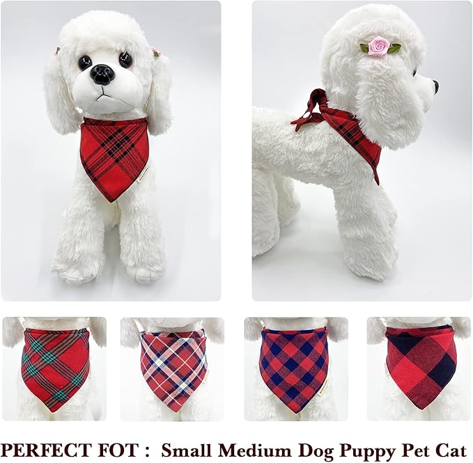 5PCS Dog Bandanas with Button - Thick Triangle Bibs Dual Layer Soft Cotton Scarves for Small Medium Boy Girl Puppy Cat Pet Baby Square Plaid Printing Washable Kerchief Halloween Costumes Outfits