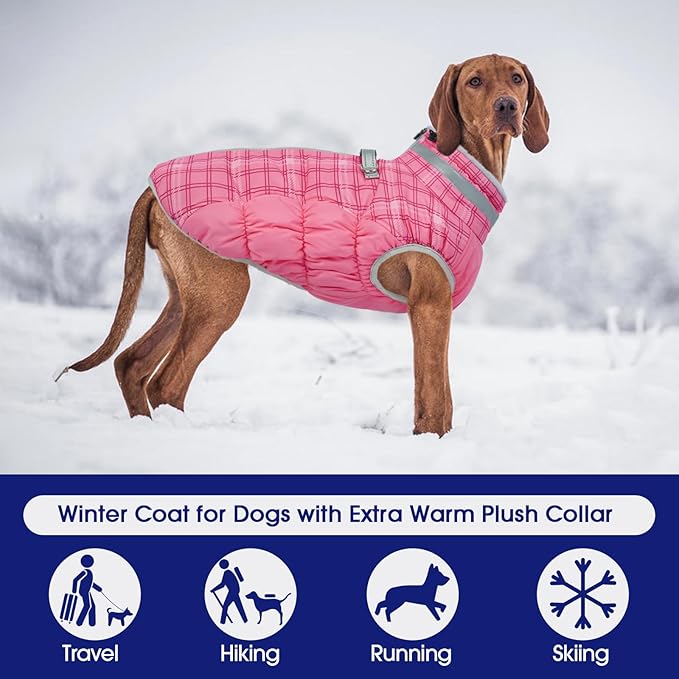 FUAMEY Dog Coat for Large Dogs,Waterproof Dog Winter Jacket with Harness Built in Puppy Cold Weather Coats Reflective Pet Vest with Zipper Warm Fleece Dogs Snowsuit Windproof Rose Plaid L