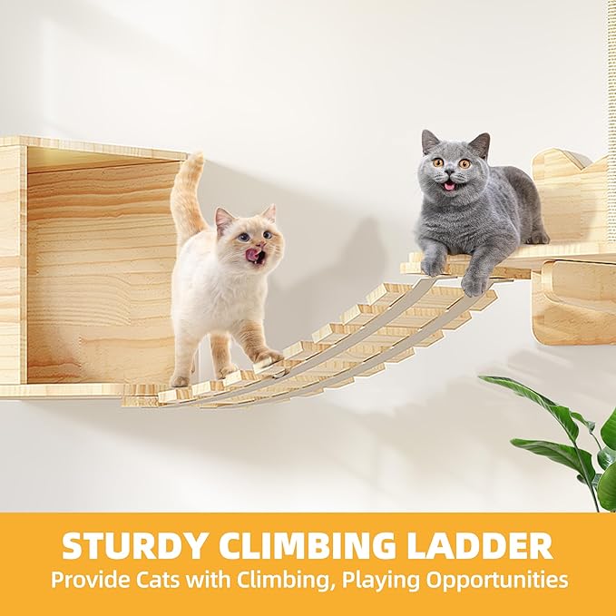 Wood Cat Wall Shelves, Cat Wall Furniture Solid Wooden Feline Shelf, 5 Piece Shelves and Perches with Bed, House, Steps, Bridge Ladder and Scratching Post