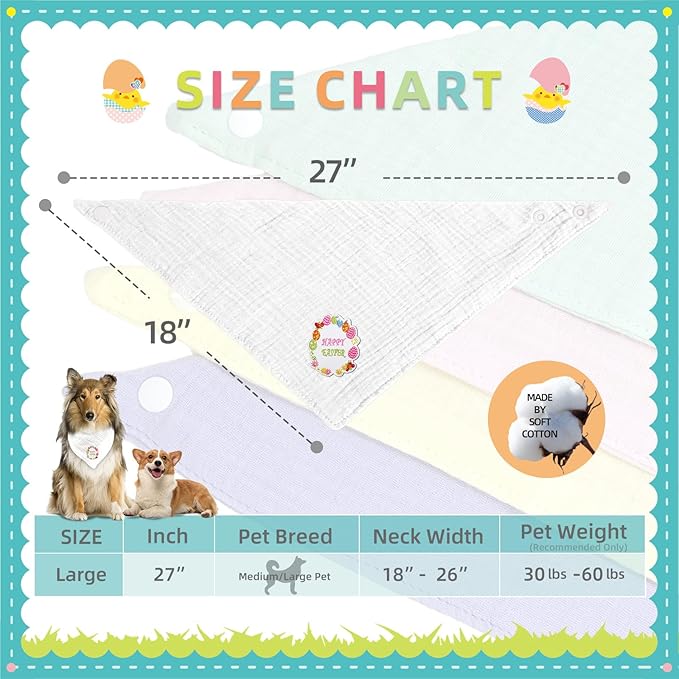 Easter Bandanas Solid Color Embroidered Soft Cotton Pet Scarf with Adustable Button,White,Large