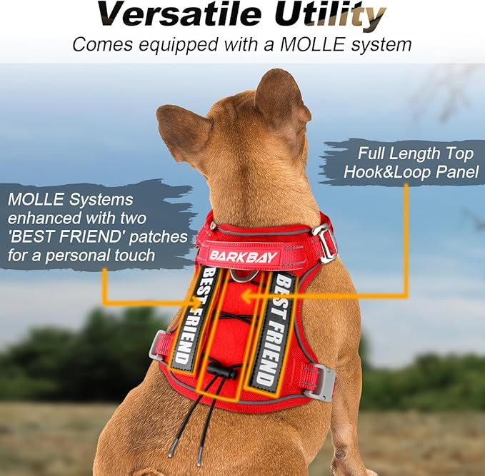 BARKBAY Service Dog Vest Tactical Dog Harness Medium Large Sized Dog Tags Personalized No Pull Adjustable Harness Reflective K9 Working Training Easy Control Military Molle System(Red,M)