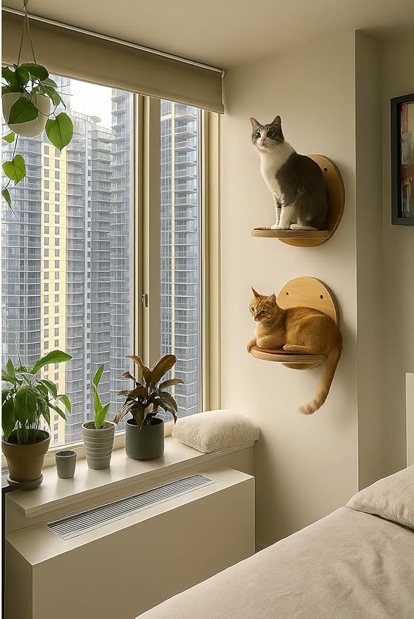 Cat Wall Shelves Set - Modern Round Floating Wall Steps with Scratch Pads (Set of 4)-Decorative Wall-Mounted Furniture for Climbing, Playing & Resting by INSTINTO