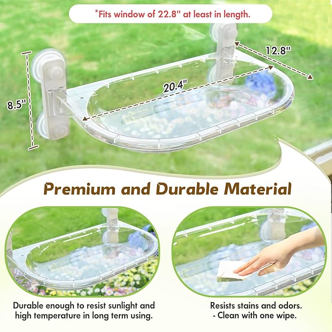 AMOSIJOY Transparent Cat Window Perch, Easy to Install & Clean Cat Hammock with 4 Enlarged Suction Cups for Large Cats, Panoramic Space Capsule Window Seat with Cozy Furry Mat