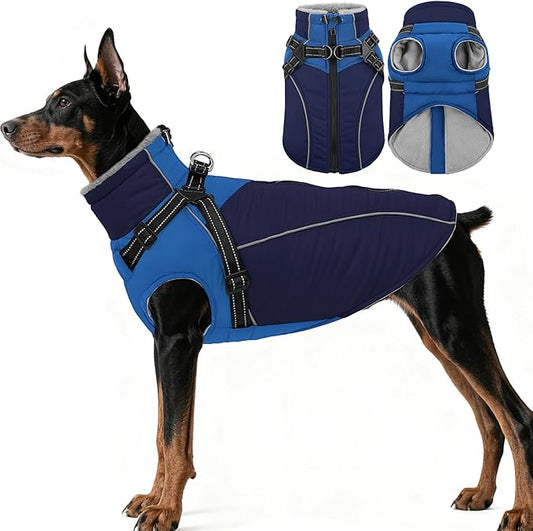 ASENKU Reflective Dog Coat with Built-in Harness, Windproof Fleece-Lined Dog Jacket for Small, Medium, Large Dogs, Warm Winter Vest with Turtleneck & Zipper (Navyblue 3XL)