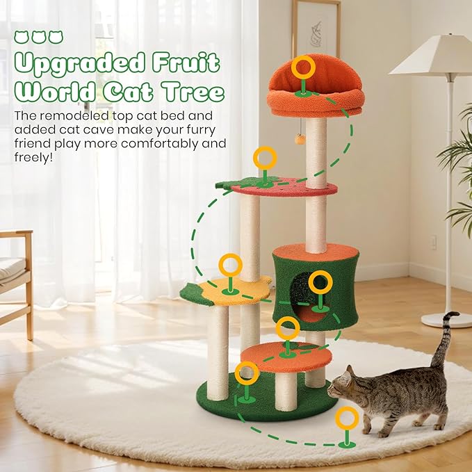 Happy & Polly Cute Cat Tree - 48.4" Fruit World Cat Tower for Indoor Cats, Multi-Level Cat Condo with Sisal Scratching Posts, Private Cave, Plush Strawberry Perches, Perfect Cat Tree Activity Center