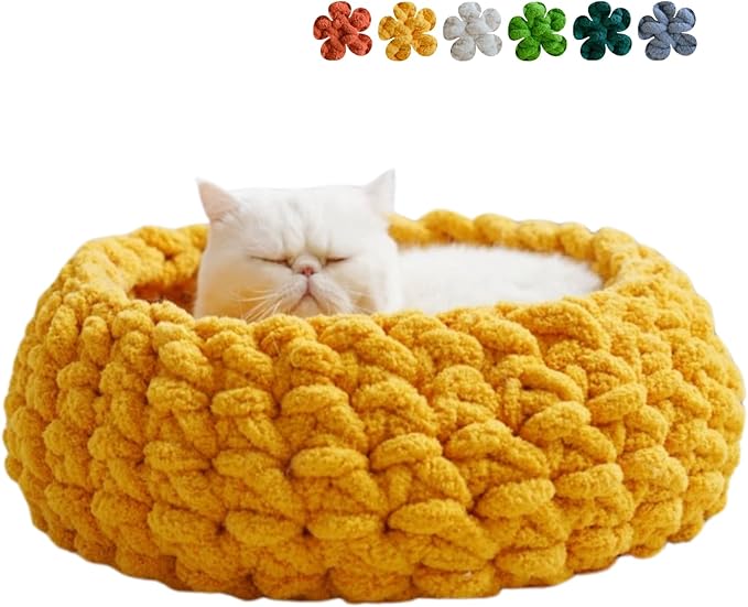 Cat Nest Bed – Premium Handwoven Washable Extra Soft Round Cave House Furniture for Indoor Kitten (Persimmon Yellow,Large)