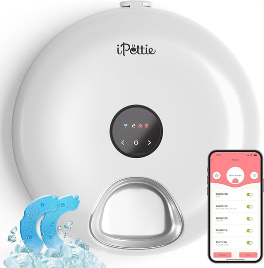 [Stainless Steel Tray Version] iPettie Donut Frost WiFi 6 Meal Automatic Wet Food Feeder with Ice Packs for Senior and Weak Pets, App Control Programmable Timer, Holds 6 x ½ lb. of Food, White