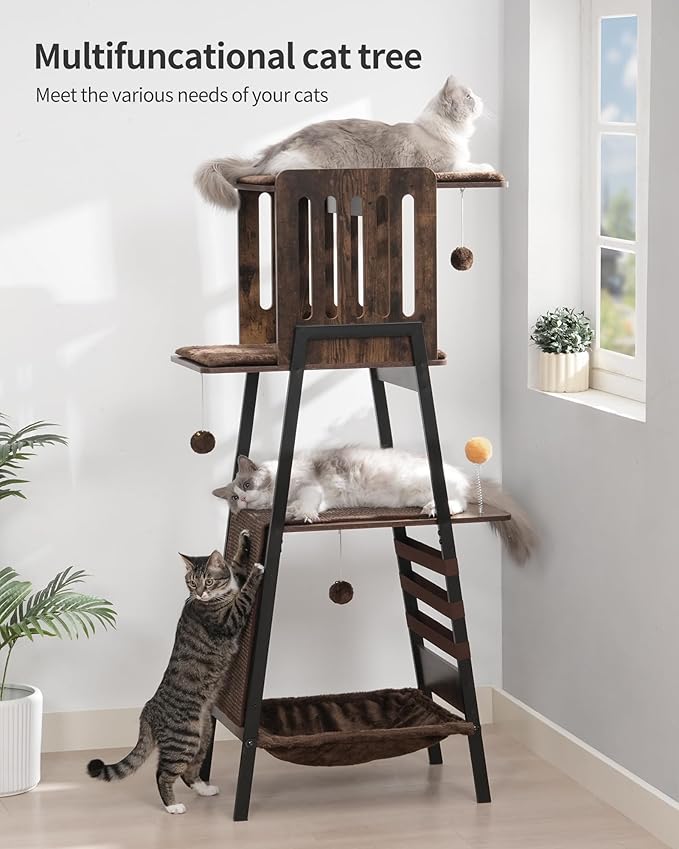 FourFurPets Modern Cat Tree, 58-Inch Cat Tower for Large Cats, Maine Coon Cat Tree with Scratching Board, Large Perch, Hammock and Removable Pads, Rustic Brown