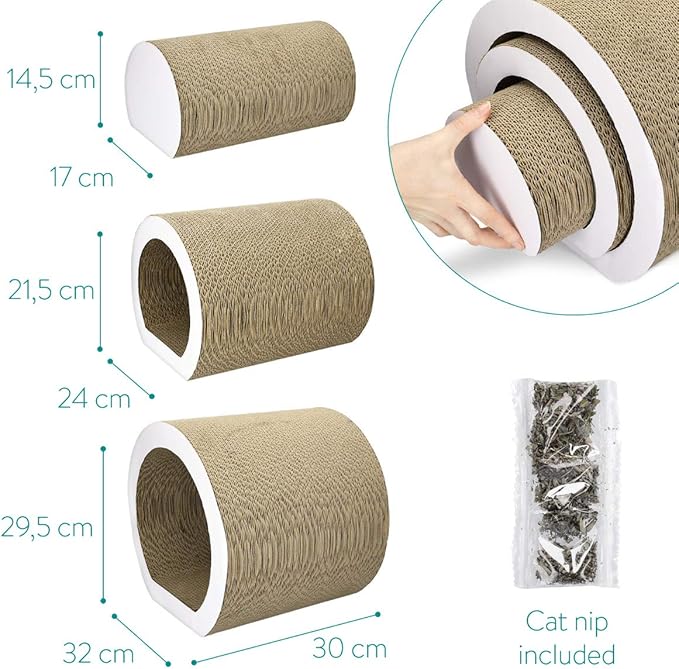 Navaris Cat Tunnel Scratcher Set (3-Pieces) - Corrugated Cardboard Paper Scratching Board Tubes and Roll Toy for Cats - Scratch, Lounge, Hide and Play