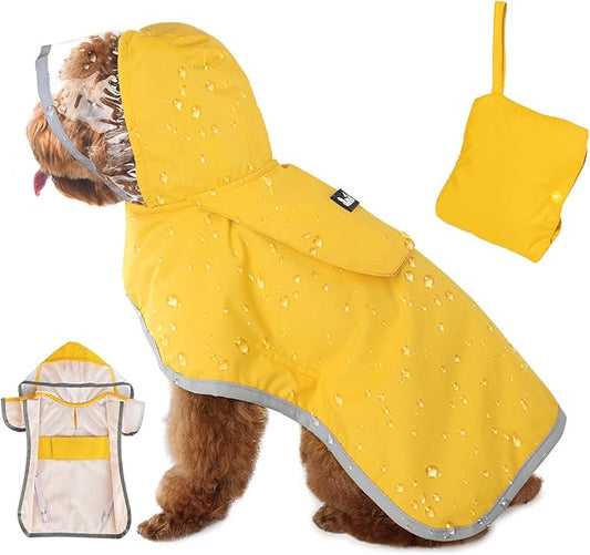 SlowTon Dog Raincoat, Adjustable Dog Rain Jacket Clear Hooded Double Layer, Waterproof Poncho with Reflective Strip Straps and Storage Pocket for Small Medium Large Puppies(S)