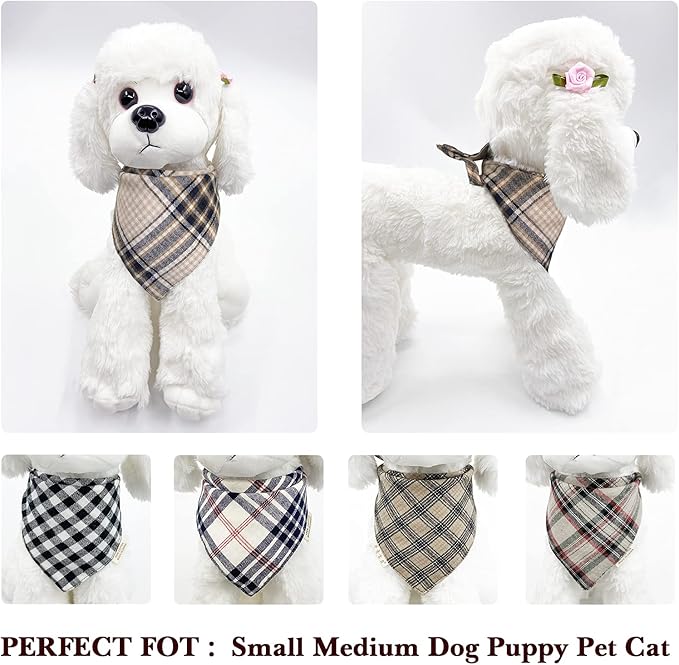 Fall 5PCS Dog Bandanas with Button - Autumn Thanksgiving Thick Triangle Bibs Dual Layer Soft Cotton Scarf for Small Medium Large Boy Girl Puppy Cat Pet Plaid Kerchief Halloween Costumes Outfits