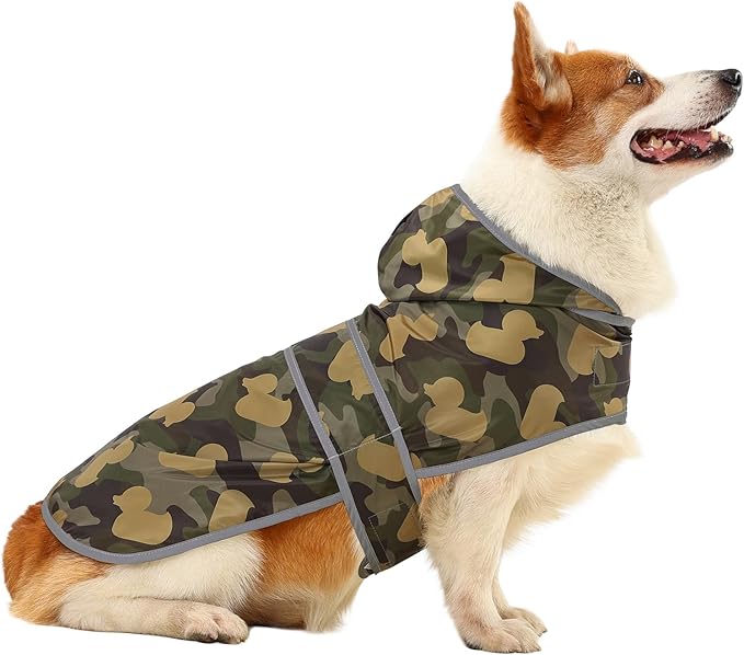 Dog Raincoat for Medium Dogs Waterproof Hooded Rain Jacket with Reflective Strips Leash Hole & Poncho Adjustable Fit (CamoDuck,L)