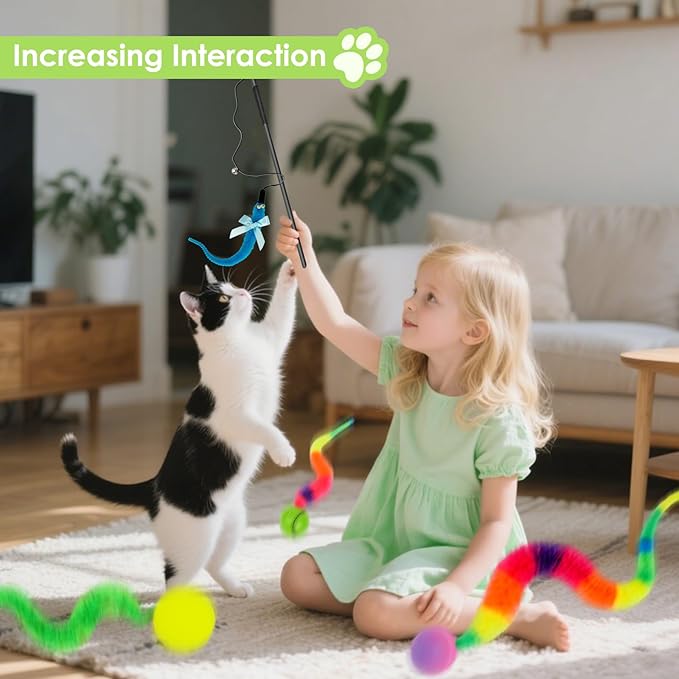 SHENGSEN Feather Wand Cat Toy,Bouncy Ball with Tail Cat Toys,Magic Worm with Large Colorful Ball Toy for Cats,Cat Feather Toys for Indoor Cats,Colorful Fuzzy Worm Bouncy Balls Cat Toy (ADM102-A-3A)
