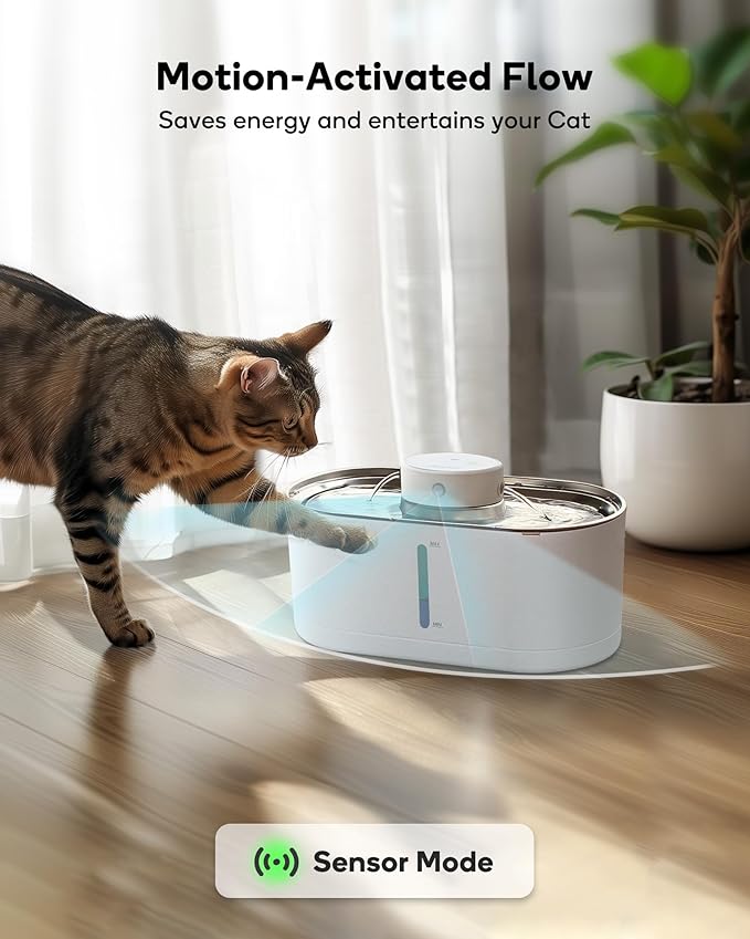 Cat Water Fountain Cordless, 108oz/3.2L Wireless Cat Fountains for Drinking, Pet Water Fountains for Cats Indoor, Automatic Cat Water Dispenser Battery Operated Rechargeable, Stainless Steel White