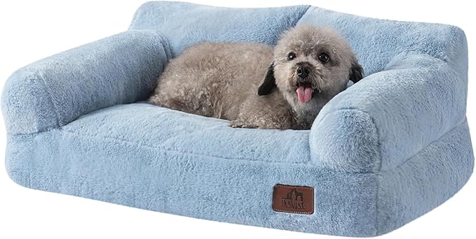 Hollypet Fluffy Plush Pet Cat Couch Soft Calming Pet Sofa Beds for Medium Small Cats and Dogs, Sky Blue