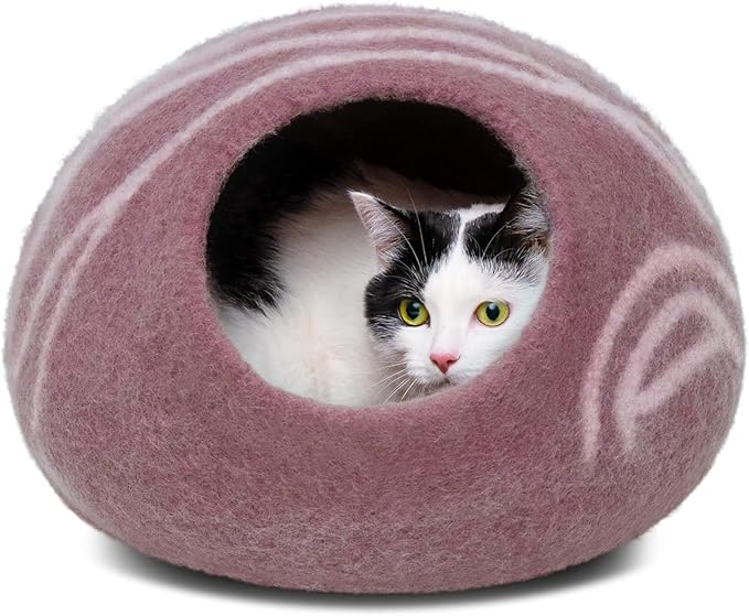 MEOWFIA Cat Cave – Premium Felt Cat Bed for Indoor Cats, Handmade 100% Merino Wool (Gold Rose, Large)