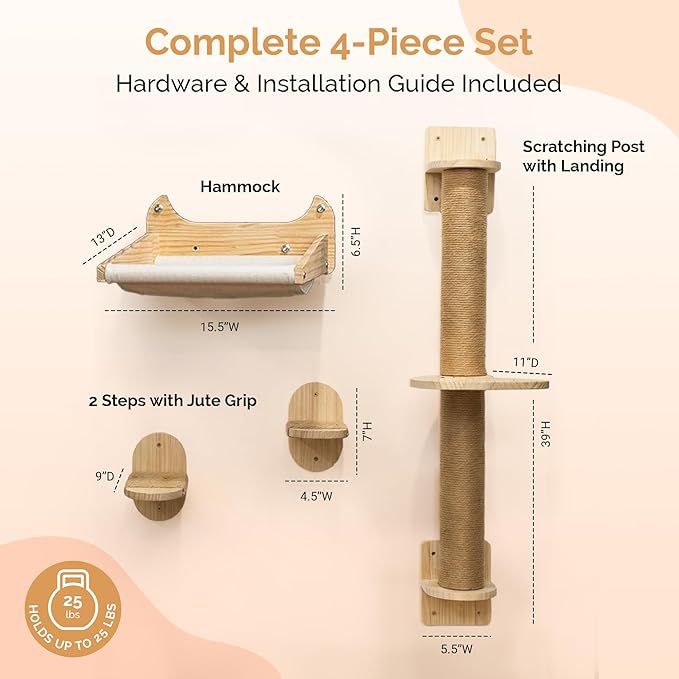 Window/Wall Mount Cat Wall Shelves by Pet Savvy – Cat Hammock (Oatmeal), Scratching Post with Landing, Two Steps – Natural Pine, Jute Rope, Sized for Cats up to 25lbs – 4 pc Set