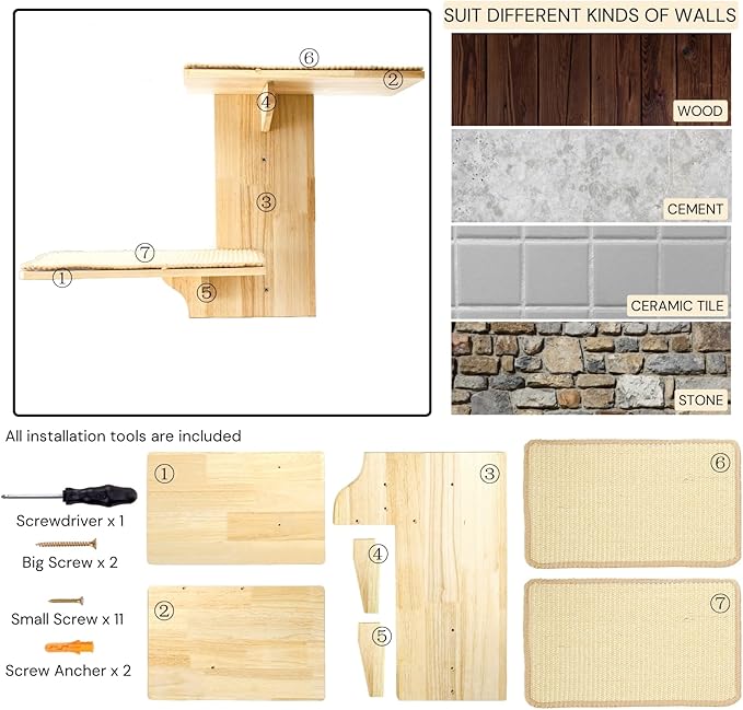 Cat Wall Shelves, Wall Mount Adult Cat Tree with 2 Steps 2 Sisal Scratch Mats, Solid Wood Kitten Perches Pet Climber for Indoor Play, Climb, Jump, Nap, Rest