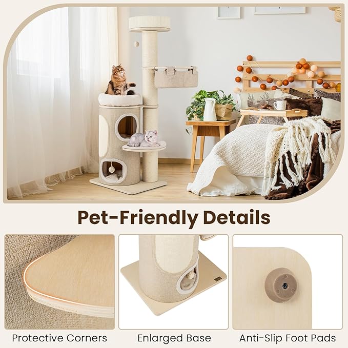 PETSITE 61 inch Cat Tree Tower, Multi-Level Wooden Cat Tower with Sisal Scratching Posts & Board, 2-Tier Condo, 2 Perches, Side Basket, and Interactive Sisal Ball
